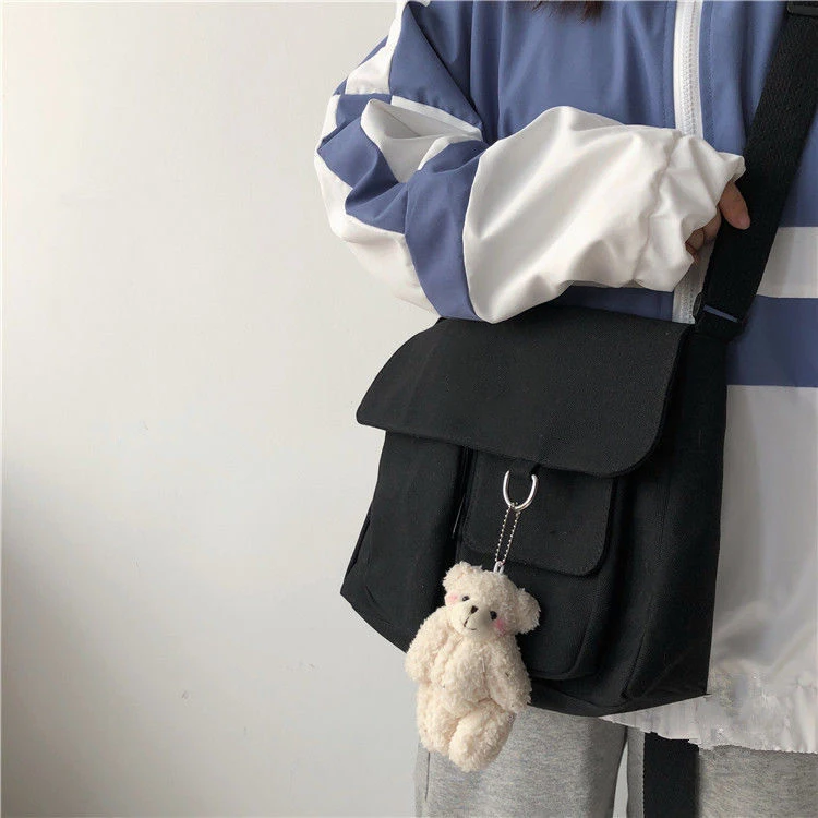 Xiaomi Canvas Diagonal Cross Bag Youth Casual Shoulder Bag Large Capacity Messenger Bag Solid Color Women's Handbag with Pendant