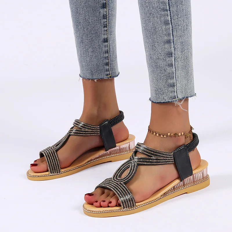 

2022 Women Cross Strap Sandals Summer Fashion Outdoor Casual Elastic Band Soft Bottom Mid Heel Sandals Crystal Shining Shoes