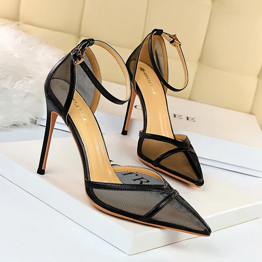 

963-2 New Fashion Style Sexy High-heeled Shoes with Stilettos Shallow Mouths Pointed Hollow Mesh Hollow High-heeled Sandals