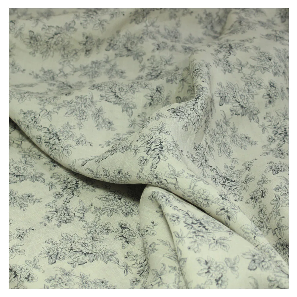 Original High-End Quality Linen Printing and Dyeing Colorful Cloth White Background Small Gray Floral Skirt Robe Clothing Fabric