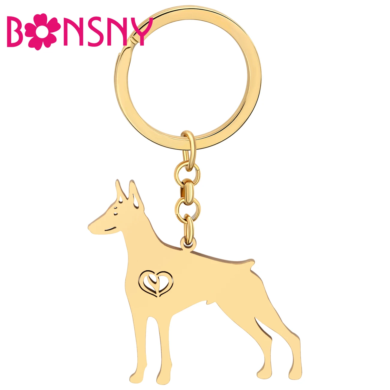 

Bonsny Stainless Steel Gold-plated Doberman Pinscher Dog Keychains Key Chains Pet Car Charm Decorations Keyring For Friend Gifts