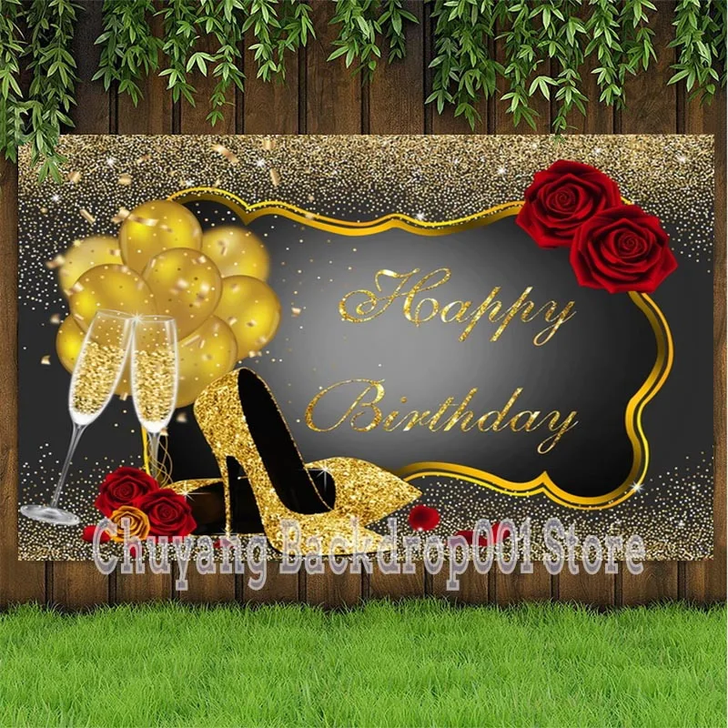 Gold Happy Birthday Party Photo Backdrop Custom Lady Rose Girls Shoes Decoration Photography Backgrounds Banner