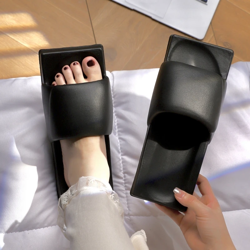 Женские однотонные тапочки на плоском каблуке с квадратным носком в японском