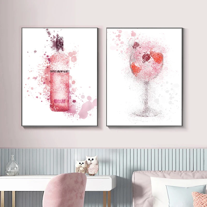 

Abstract Watercolor Painting Pink Gin Wine and Glass Nordic Poster Canvas Print Wall Art Modern Style Home Decor For Living Room