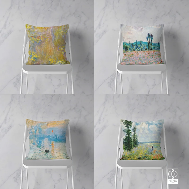 

Cushion Cover Claude Monet Famous Oil Painting Garden Series Camille Haystacks Impression Sofa Pillow Case 40X40 50X50 60x60