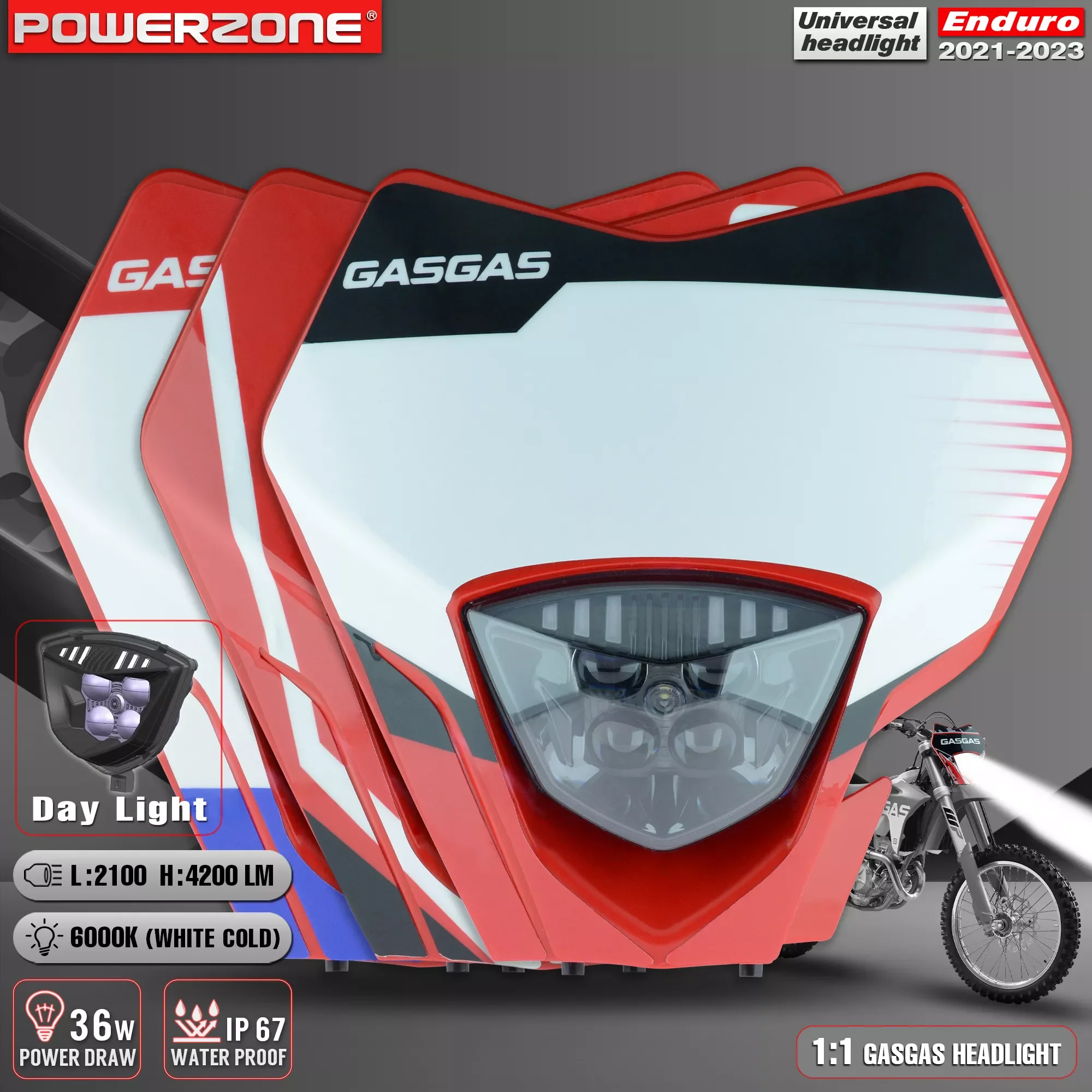 

NEW2023 PowerZone Motorcycle LED Headlight Headlamp Supermoto Fairing For GASGAGS For Husqvarna EC MC Universal Light