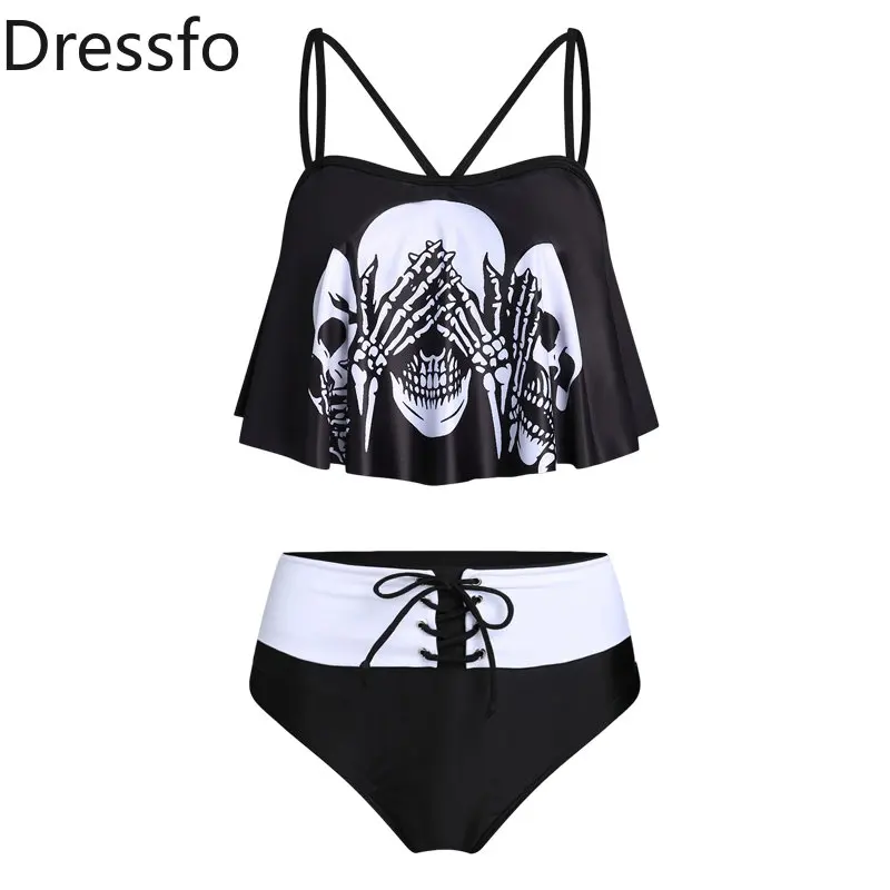 

Dressfo Gothic Style Swimwears Skeleton Skull Print Lace Up Padded Colorblock Swim Suit Bikini Bathing Suit Swimsuit Woman 2023