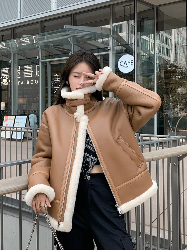 

New Women Winter Shearling Sheepskin Leather Coat Lady Thick Wool Fleece Motorcycle Brown Coats Girl Retro Aviator Flight Jacket
