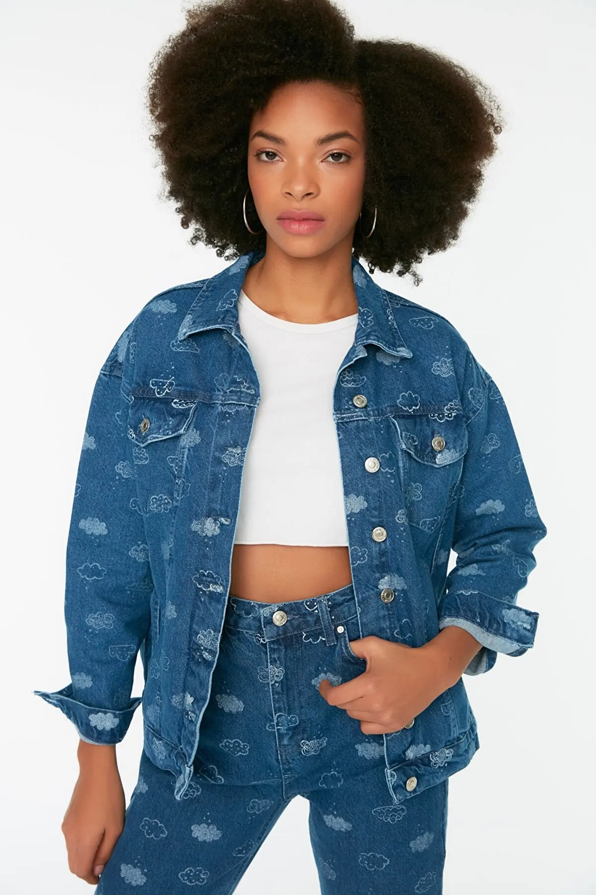 

Navy Blue Printed Oversized Denim Jacket Top Trend and Fashion Sun Protection for Women Blazers and Jackets Clothing 194958854