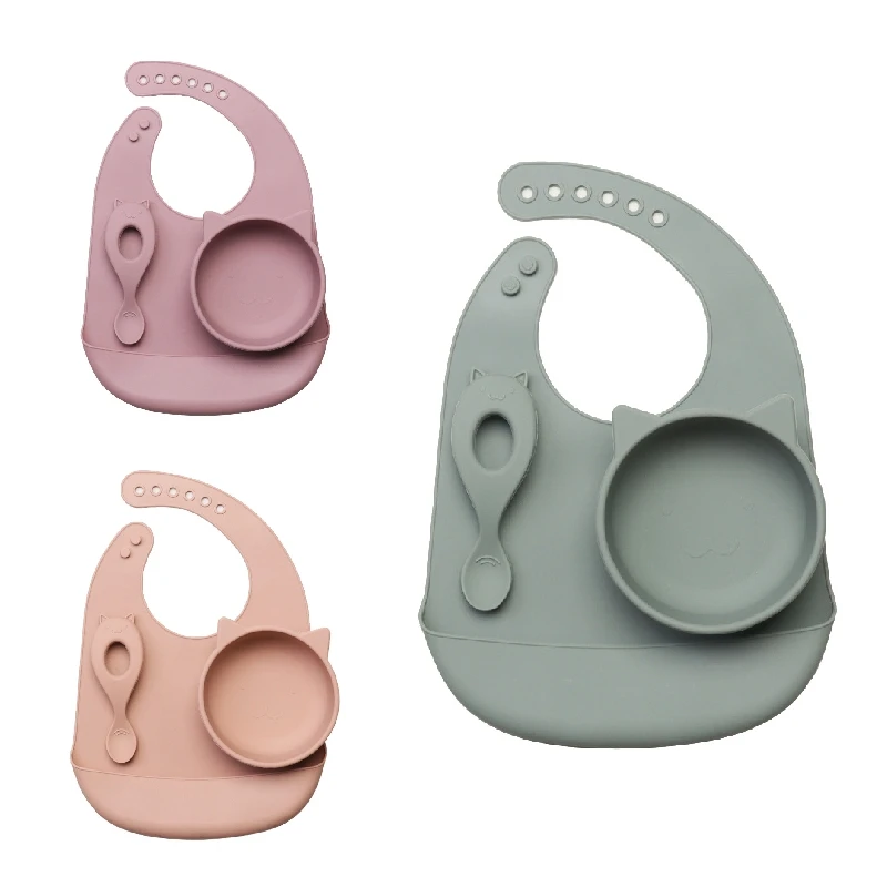 

3Pcs Food Grade Silicone Cutlery Set Children Cartoon Feeding Bowl Waterproof Bibs Spoon Baby Dishes Kids Tablebare BPA Free