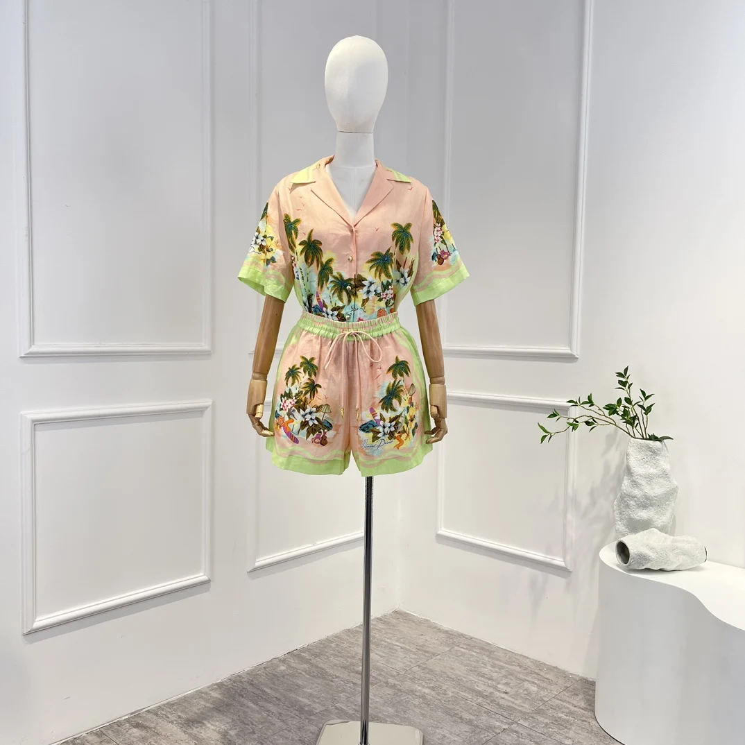 

Новинка 2023 г., высокое качество, лен, натуральные летние праздничные повседневные пляжные шорты с принтом, Женский комплект