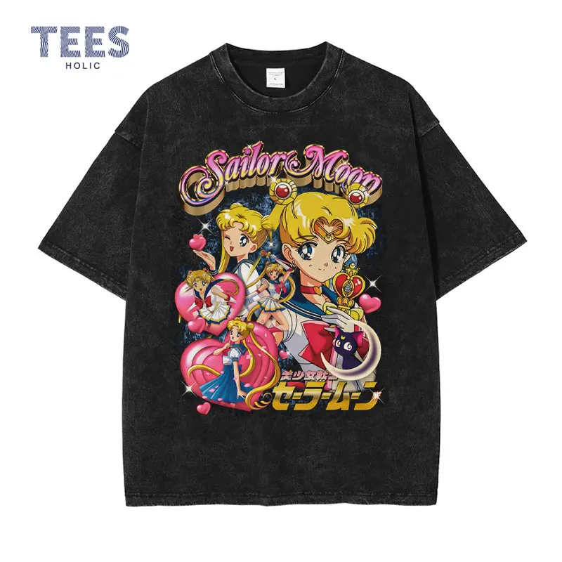 Tsukino Usagi Pattern T Shirt Men Vintage Washed Sailor Moon T-shirts Oversized Streetwear Manga Short Sleeve Tops Tees Cotton