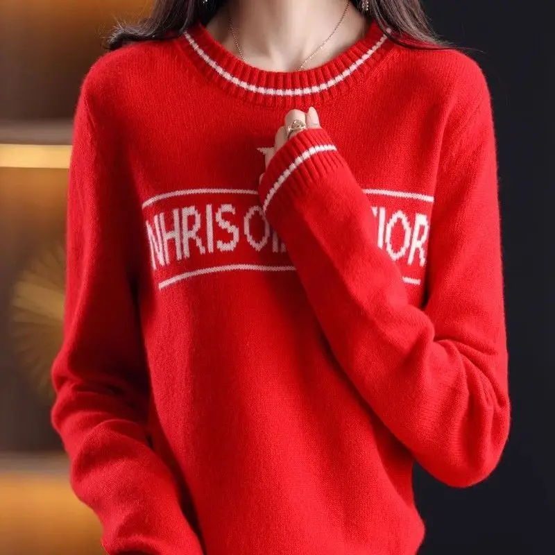 Осень-зима новый женский жаккардовый свитер с круглым вырезом и вышивкой букв