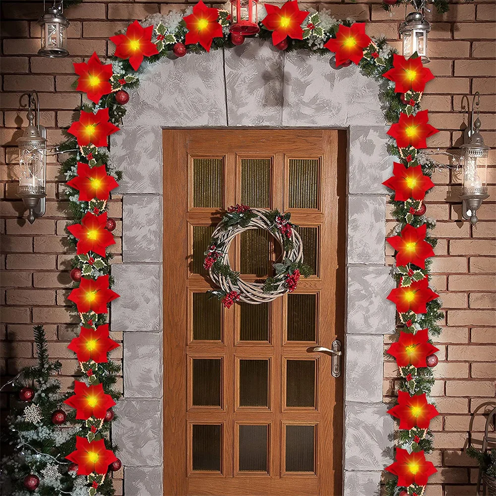 

Twinkle Star Christmas Poinsettia Garland with Red Berries and Holly Leaves Artificial Flower Xmas String Light Battery Operated