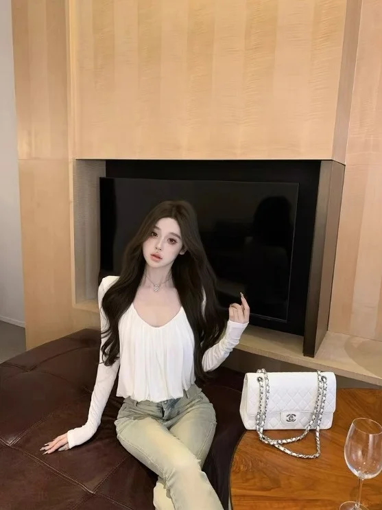 Qiake Girl ~ Женская рубашка с v-образным вырезом и длинными рукавами Design Sense осень 2024