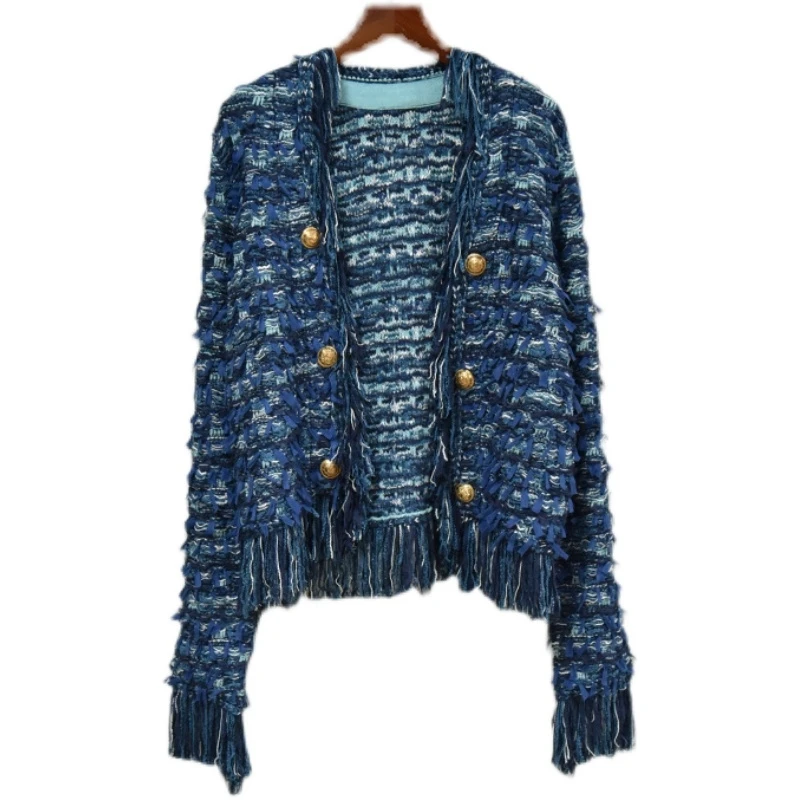 

2022 Autumn And Winter European And American Stars New Metal Lion Head Button Tassel Knitted Cardigan Jacket Women