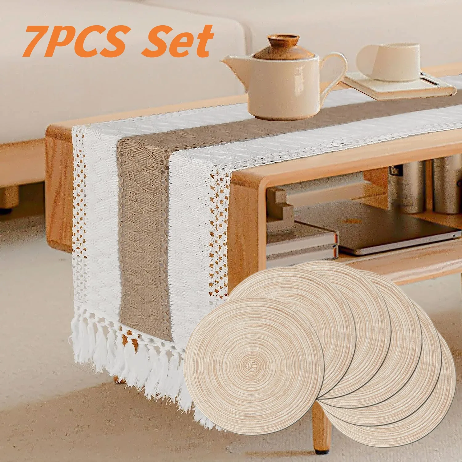 

7PCS Set Boho Table Runner 72 Inches with Tassels 6PCS Round Braided Placemats 15 inch Round Placemats for Dining Bridal Shower