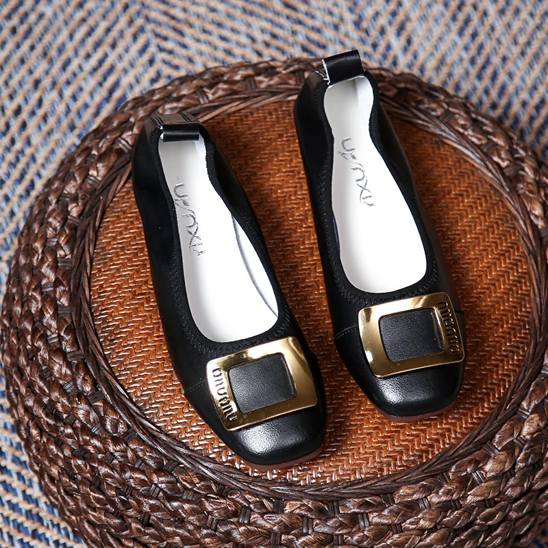 

2023 Spring New Women's Shoes Square Toe Shallow Mouth Shoes Women's Shoes Leather Material Women's Flat Shoes Flat Heels
