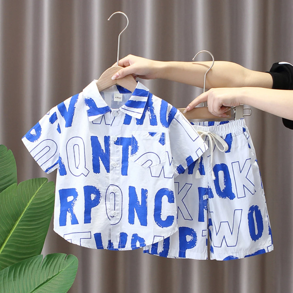 

Комплект летней одежды для мальчиков, Детская праздничная одежда, хлопковая рубашка с принтом для маленьких мальчиков + шорты, костюмы из 2 п...