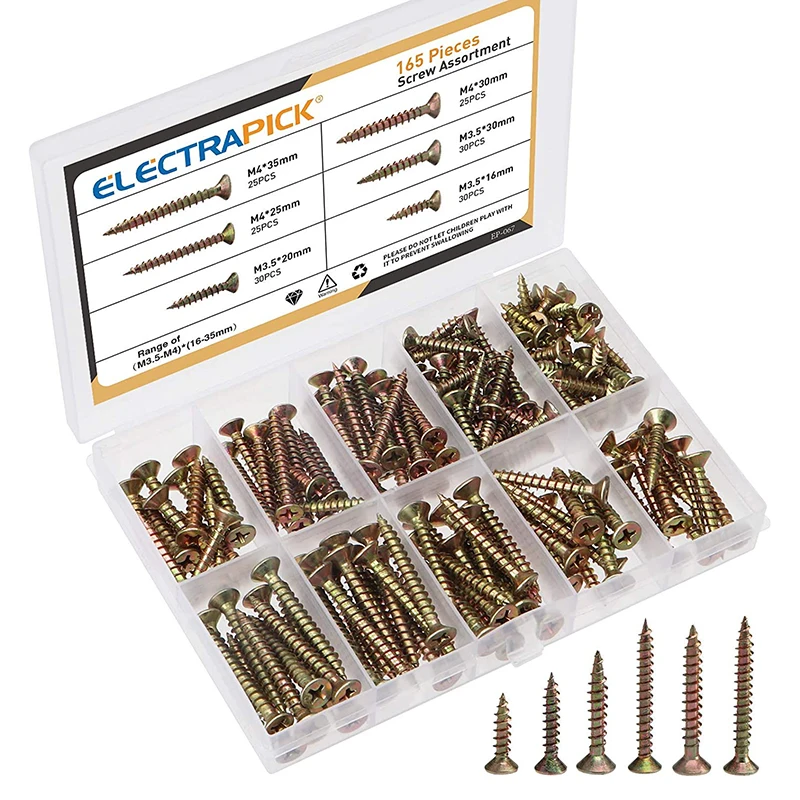 

165Pcs Screws Assortment M4 Stainless Steel Cross Countersunk Flat Head Tapping Screws Drywall Wood Furniture Cabinet Screw