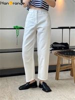 hanorange 2022 summer white jeans women pure cotton pants high waist straight loose casual trousers female clothes