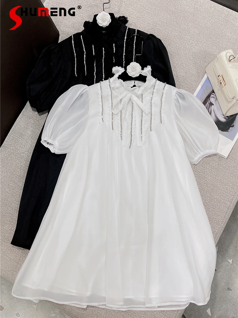 

2022 Summer New Korean Style Sweet Short Sleeve Dress Girl Slim Fit Slimming Rhinestone Chiffon Mid-length Dress for Women