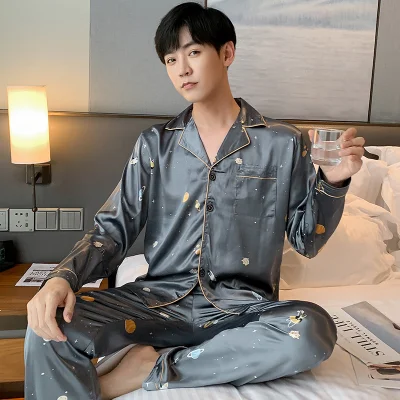 Men Comfortable Pyjamas Set 3XL 4XL 5XL Long Sleeve Casual Home Wear Spring Autumn Silk Boy Pajama Sets Leisure Sleepwear Set