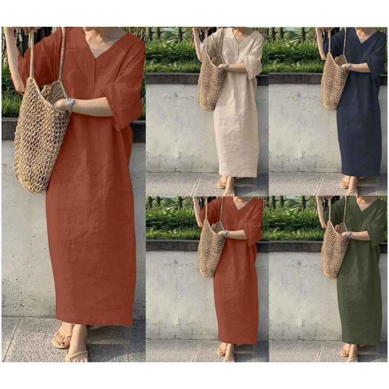 Women's 2023 Summer New Fashion Short Sleeve Sexy V-Neck Elegant Tank Top Dress Casual Solid Color Loose Long Dress