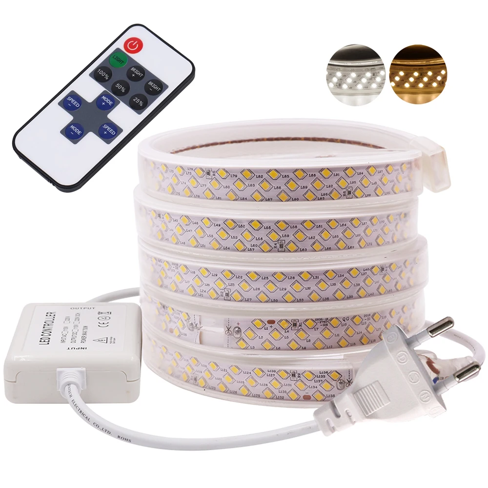 

276Led/m SMD 2835 LED Strip Light Three Row 220V EU Flexible LED Tape Ribbon with Remote Dimmer 180Led/m Waterproof Stripe Light