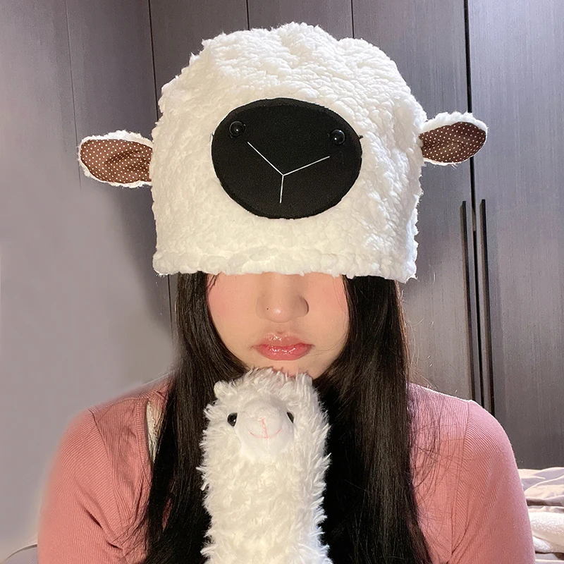 

Lamb Wool Beanie Cartoon Cute Sheep Funny Hat Winter Faux Fur Hats For Women Girls Warm Skullies Beanies