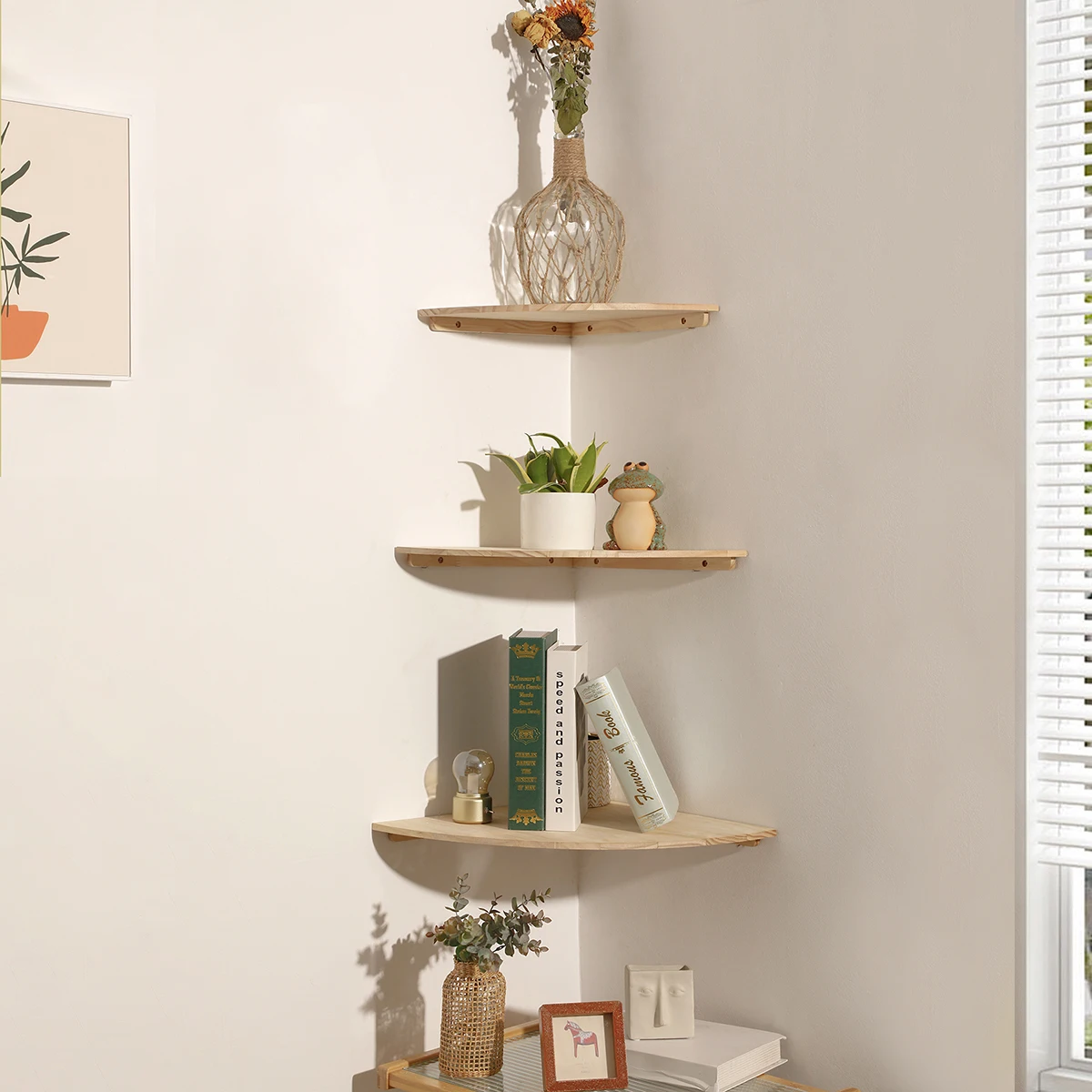 

Wall Corner Shelves Wood Floating Shelves Round End Wall Mounted Floating Corner Shelf for Bedroom, Living Room and Kitchen