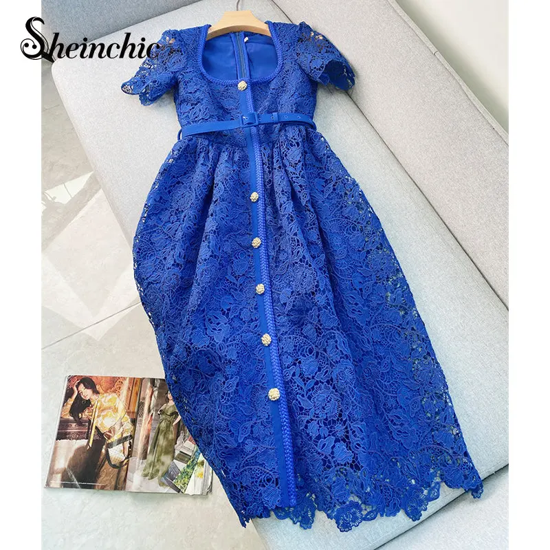 

Женское винтажное платье с коротким рукавом, голубое ажурное однобортное платье с кружевом, лето 2023