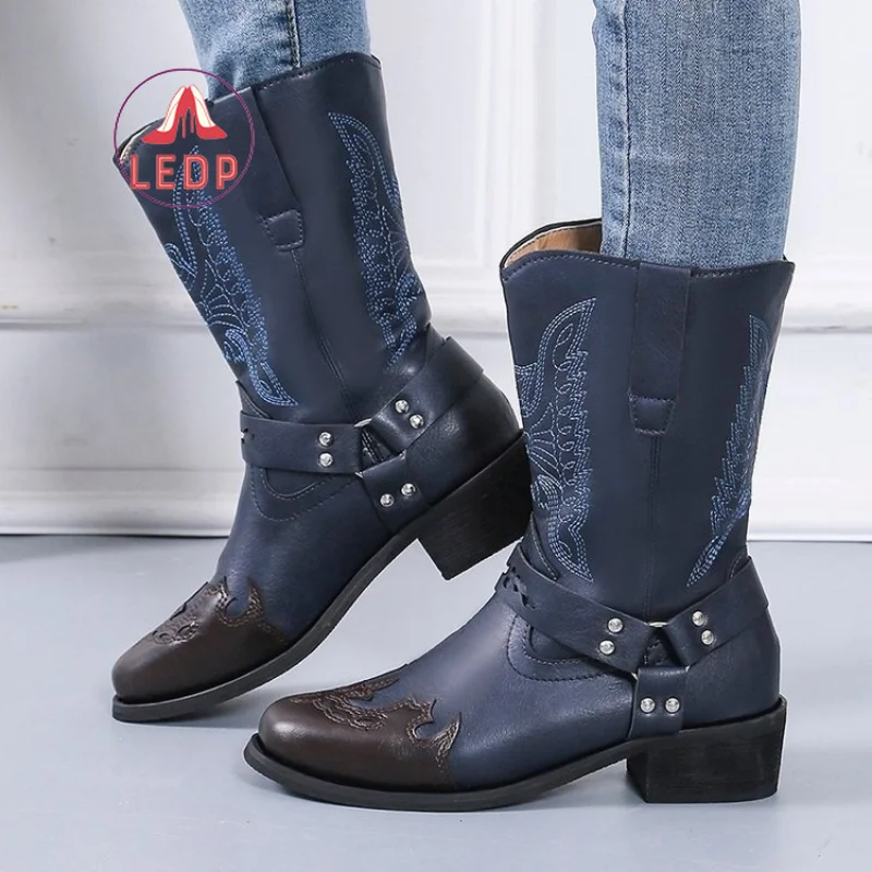 

Cowboy Women Western Boots Dropship 2022 Autumn Winter Cool Cowgirl Women Mid-calf Boot Comfy Fashion Shoes Big Size 43