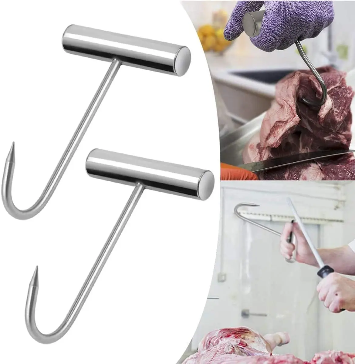 Stainless Steel T Hooks T-Handle Meat Boning Hook for Kitchen Butcher Shop Restaurant Prok Chicken Duck Turkey BBQ Tool