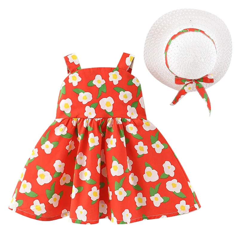 

babzapleume 2Piece Toddler Summer Dress Fashion Print Sleeveless Cotton Beach Princess Newborn Baby Girls Dresses+Sunhat 143