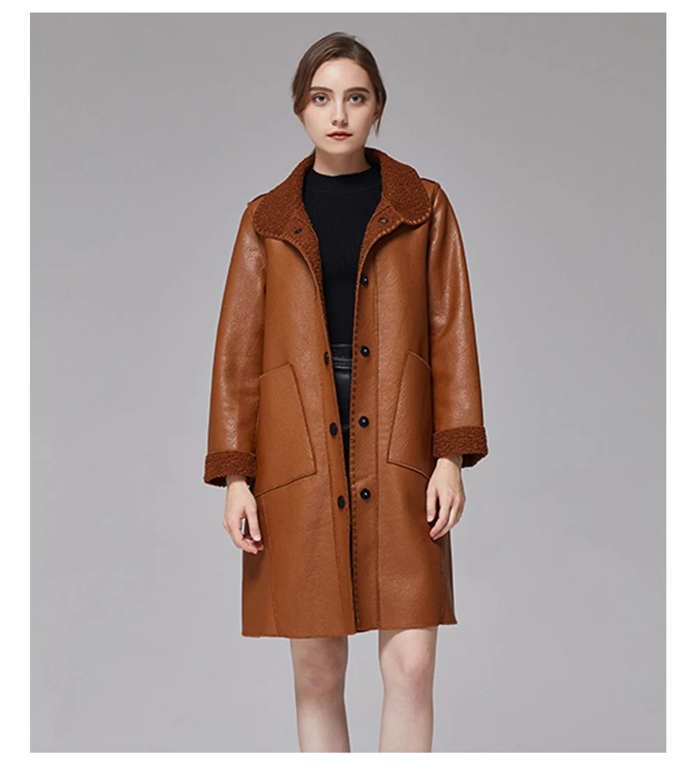 

Fashion Winter Women's Long Sleeve Classic Solid Color Basic Brown Artificial Leather Coat New Popular Ladies Long Sleeve Coat