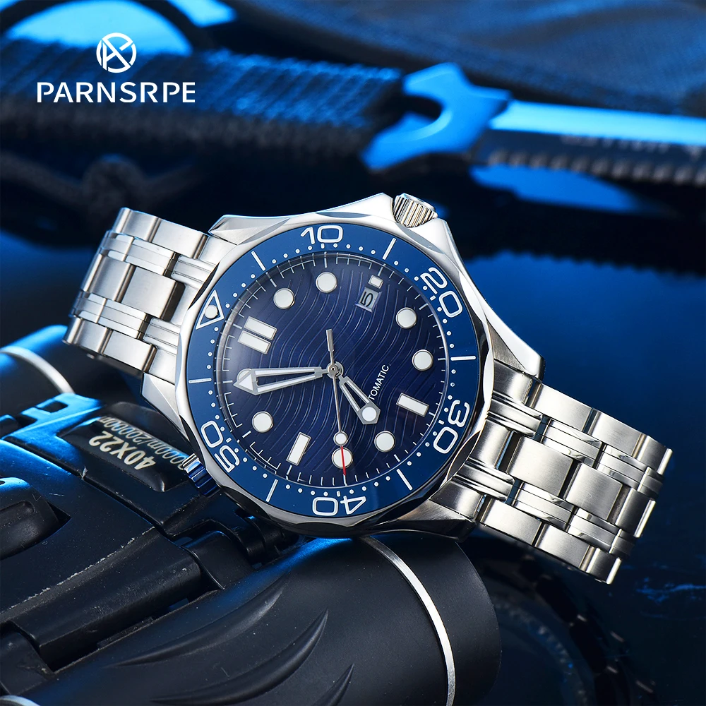 PARNASREE Series 41mm Automatic Mechanical Men's Watch Automatic Movement Aseptic Blue Ocean Wave Dial Steel Band