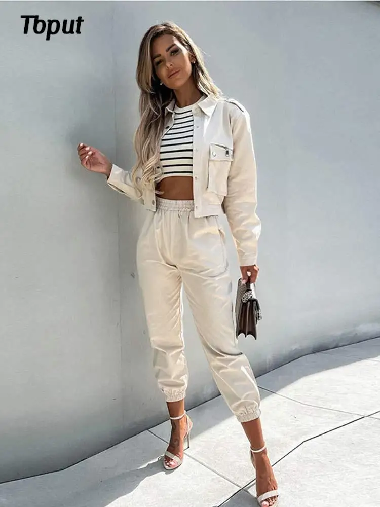

Vintage Cotton Cropped Jacket And Pants Two Pieces Outfits Women Long Sleeve Lapel Coat Pencile Trousers Set 2022 Solid Suits