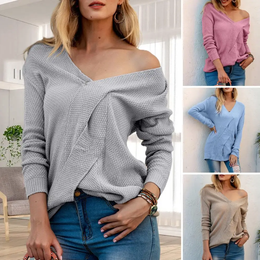 

Элегантный вязаный свитер с V-образным вырезом, свободный осенне-зимний Однотонный свитер с длинными рукавами, дизайнерский джемпер с больш...