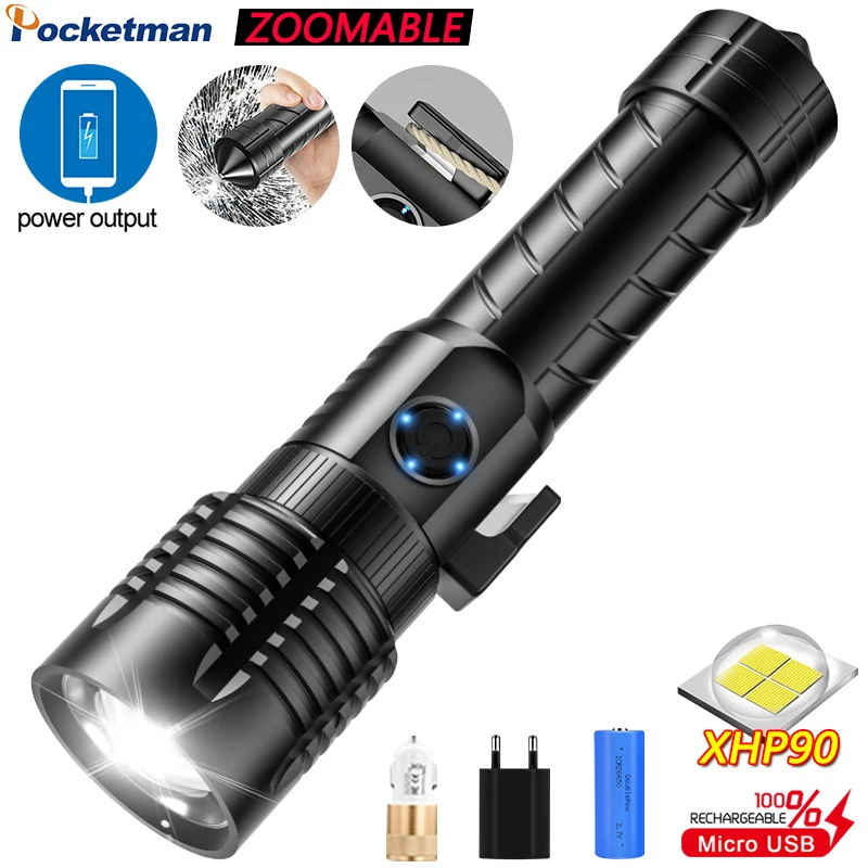 

Super Bright XHP90 LED Flashlight USB Rechargeable Flashlight Zoomable 3 Modes Torch Waterproof With Window Breaker Function