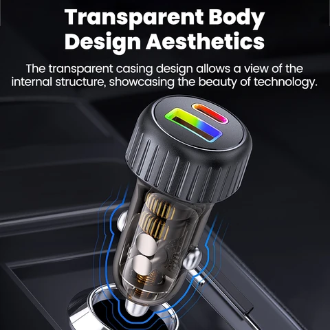 Автомобильное зарядное устройство elough 60 Вт, быстрая зарядка, 30 Вт, автомобильное зарядное устройство USB, прозрачный светодиодный PD, 30 Вт, автомобильное зарядное устройство для телефона типа C
