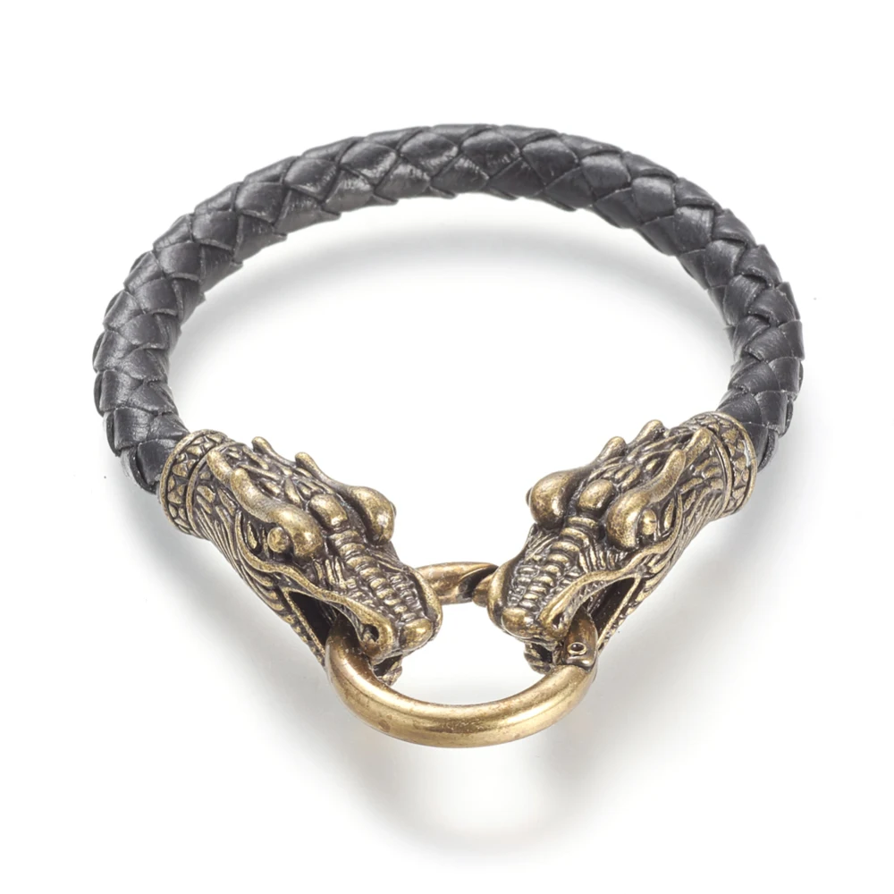 

1pc Braided Leather Cord Bracelets with Alloy Findings Dragon Head Antique Bronze 9 inch(230mm) 7mm