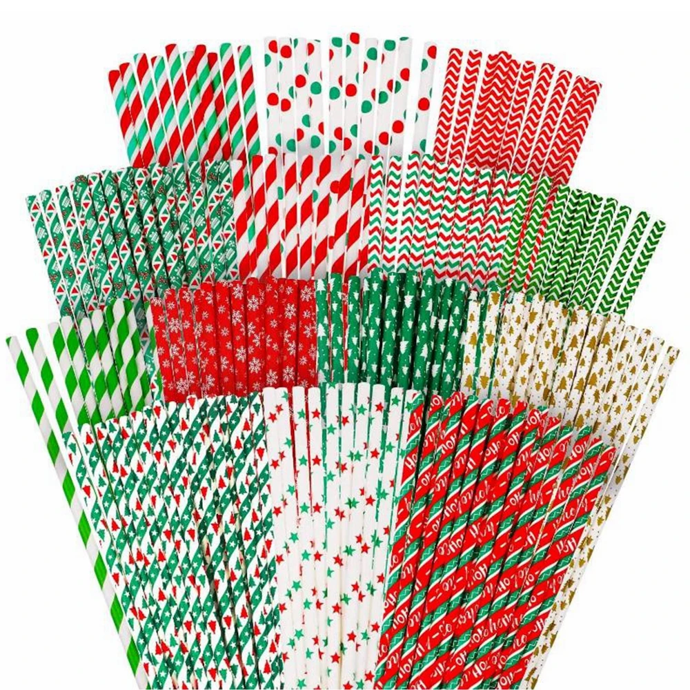 25pcs Christmas Paper Straws Snowflake Drinking Straw Christmas Decorations for Home Xmas Happy New Year 2022 Noel Party Supply
