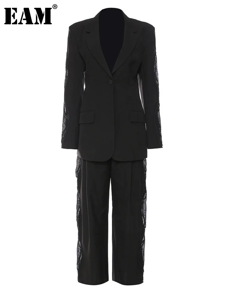 

[EAM] Wide Leg Pants Lace Two Piece Suit New Lapel Long Sleeve Black Loose Fit Women Fashion Tide Spring Autumn 2022 1DE7546