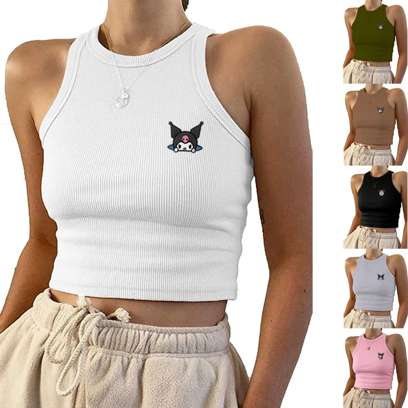 Sanrios Anime Kuromi Tank Tops Sexy Crop Vest Kawaii Women Off Shoulder Knitted Sports T-Shirt Summer Y2K Girls Tops Gift