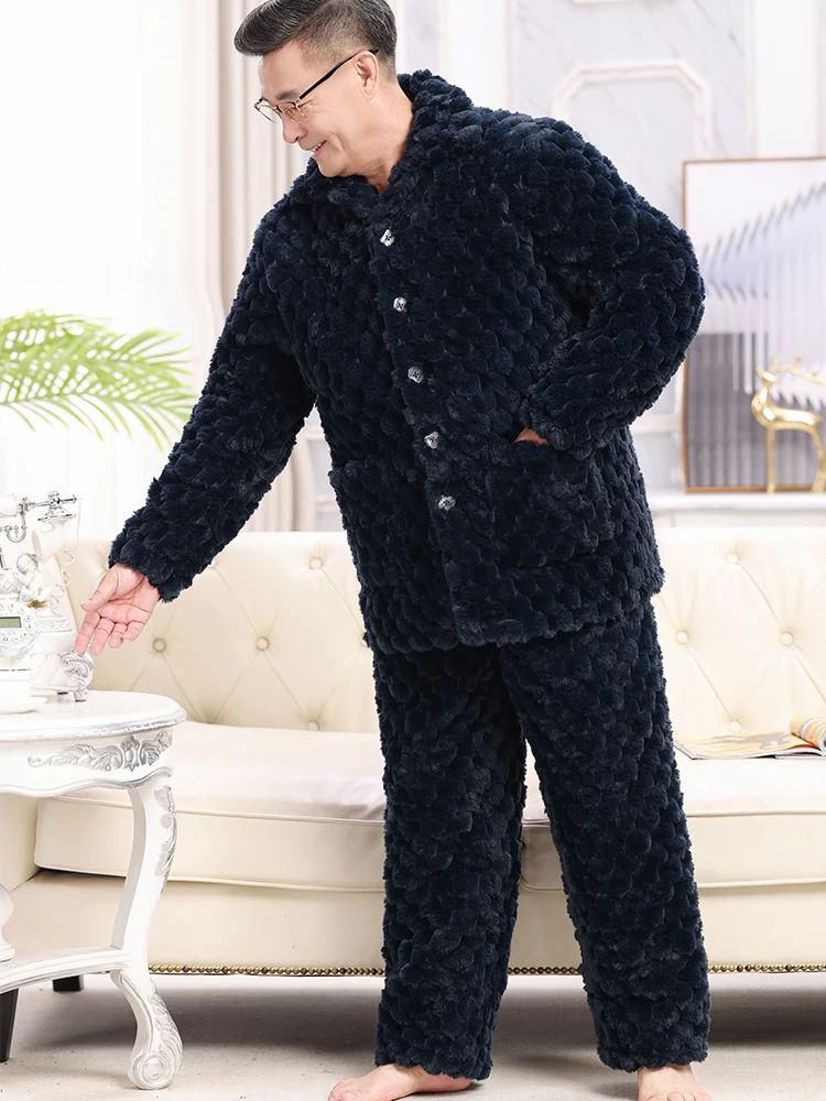 Fat Pajamas Men's Winter Coral Fleece Four-Layer Thickened Quilted Set 50.00kg Plus size Dad Middle-Aged and Elderly Home Wear
