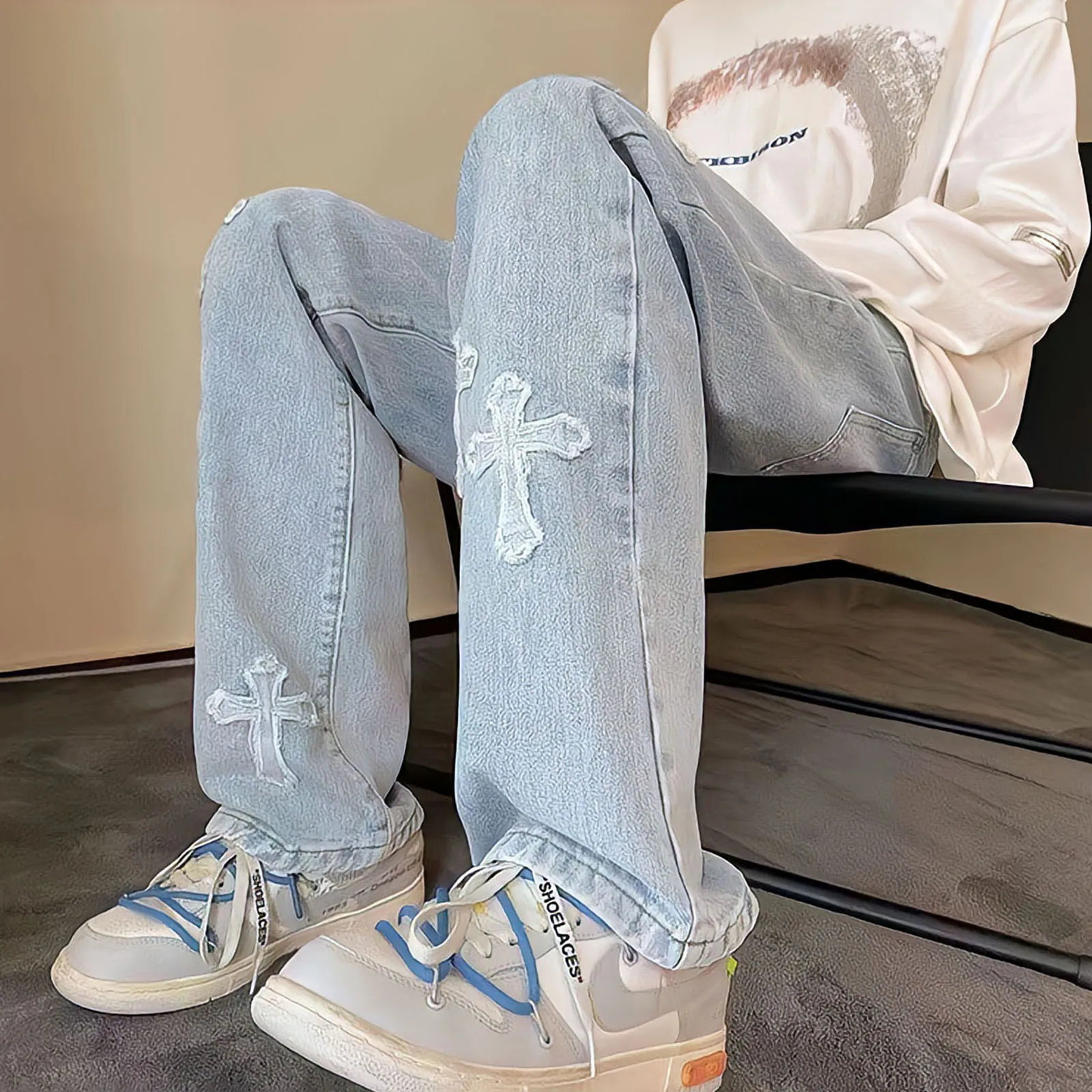 Embroidery Cross Jeans For Men Oversize Black Goth Pants Streetwear 90s Vintage Baggy Casual Straight Leg Ripped Denim Trousers