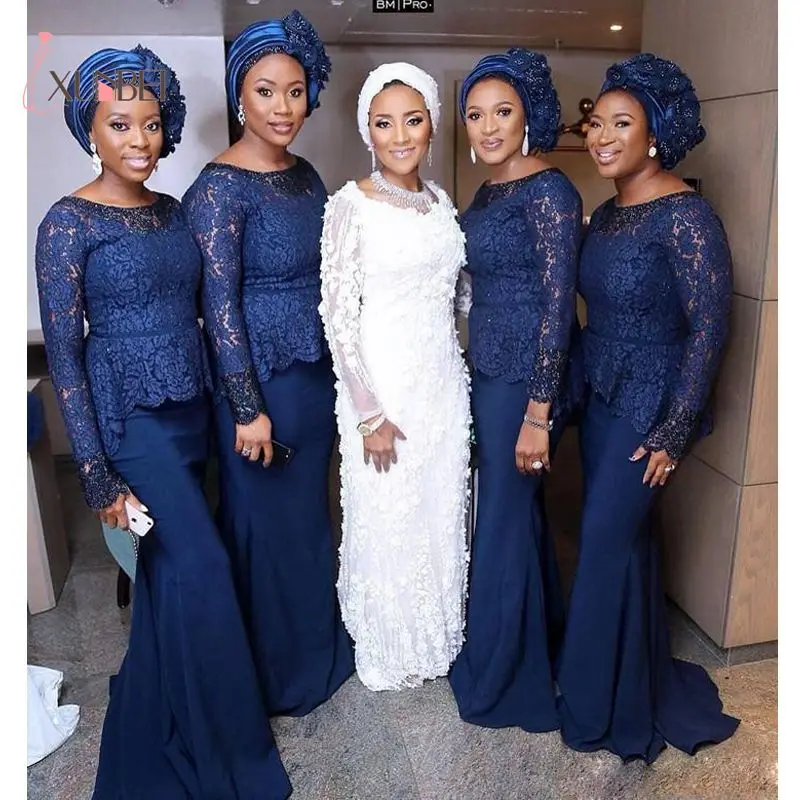 

African Dubai Mermaid Navy Blue Lace Bridesmaid Dresses Long Sleeves Satin Wedding Guest Dress Arabic Maid Of Honor Gown