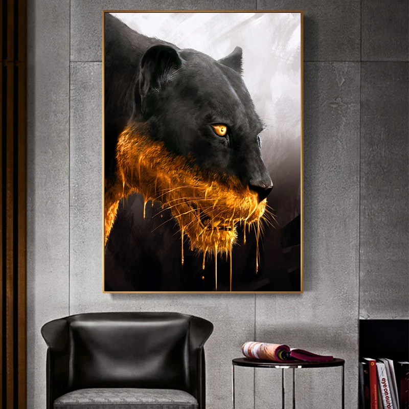 Охотничья черная Золотая Пантера роскошная Картина на холсте искусство печати