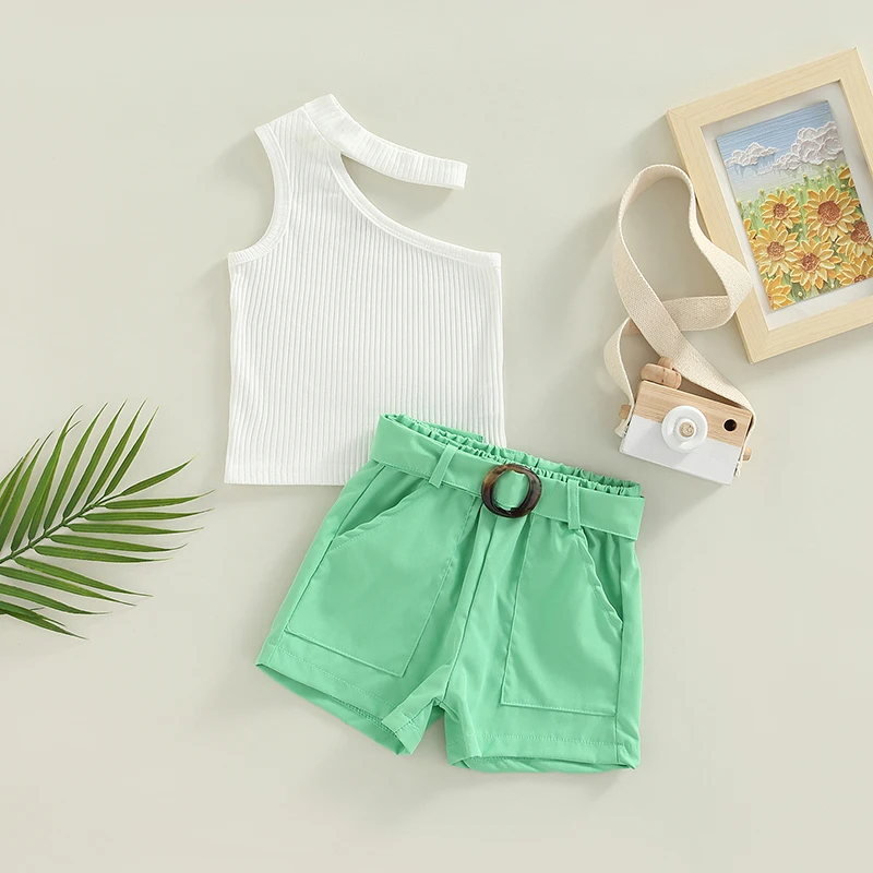 

Baby Girl 2Pcs Set Round Neck Cutout Chest Solid Color Ribbed Sleeveless Tops Elastic Waist Shorts with Belt Sets Summer Clothes